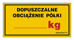 Znak - Dopuszczalne obciążenie półki ..... kg - 5 cm x 10 cm