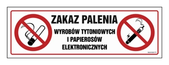 Znak - Zakaz palenia wyrobów tytoniowych i papierosów elektronicznych - 30 cm x 10 cm